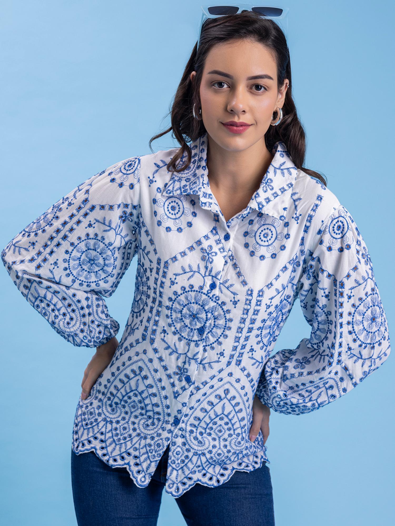 white & blue schiffli embroidered pure cotton shirt