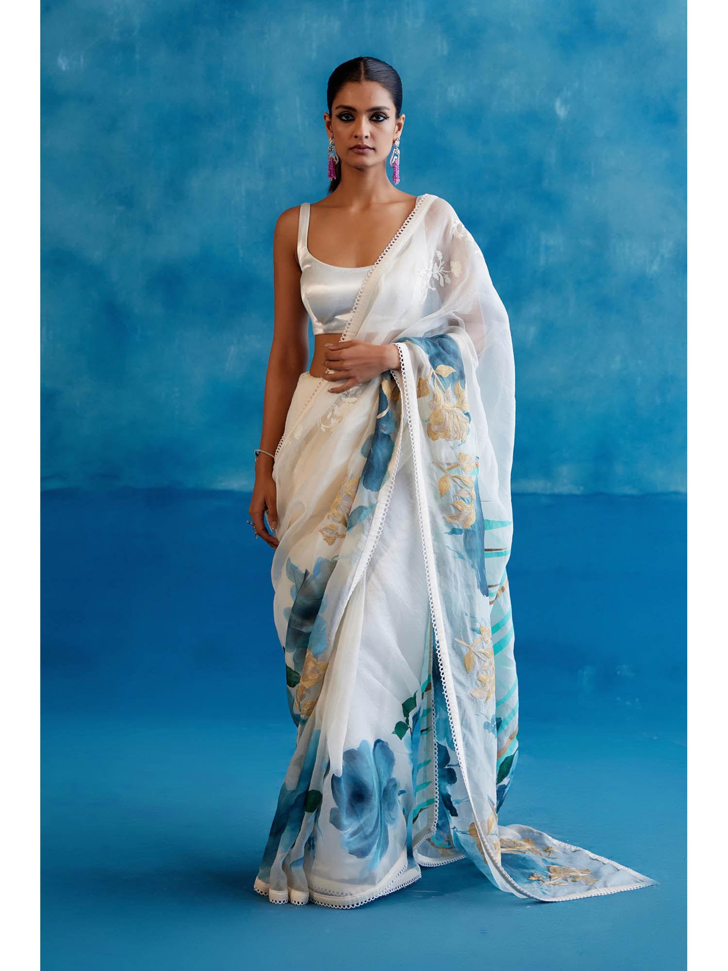 white & blue silk hand painted embroidered saree with stitched blouse