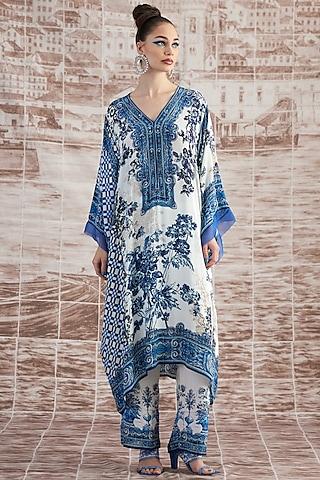 white & blue silk kaftan dress