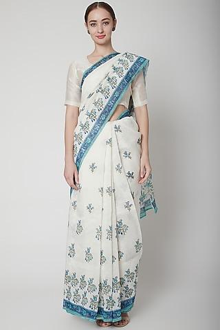 white & blue silk linen floral hand block printed saree
