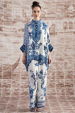 white & blue silk poncho tunic