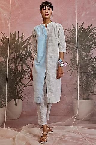 white & blue textured kurta set