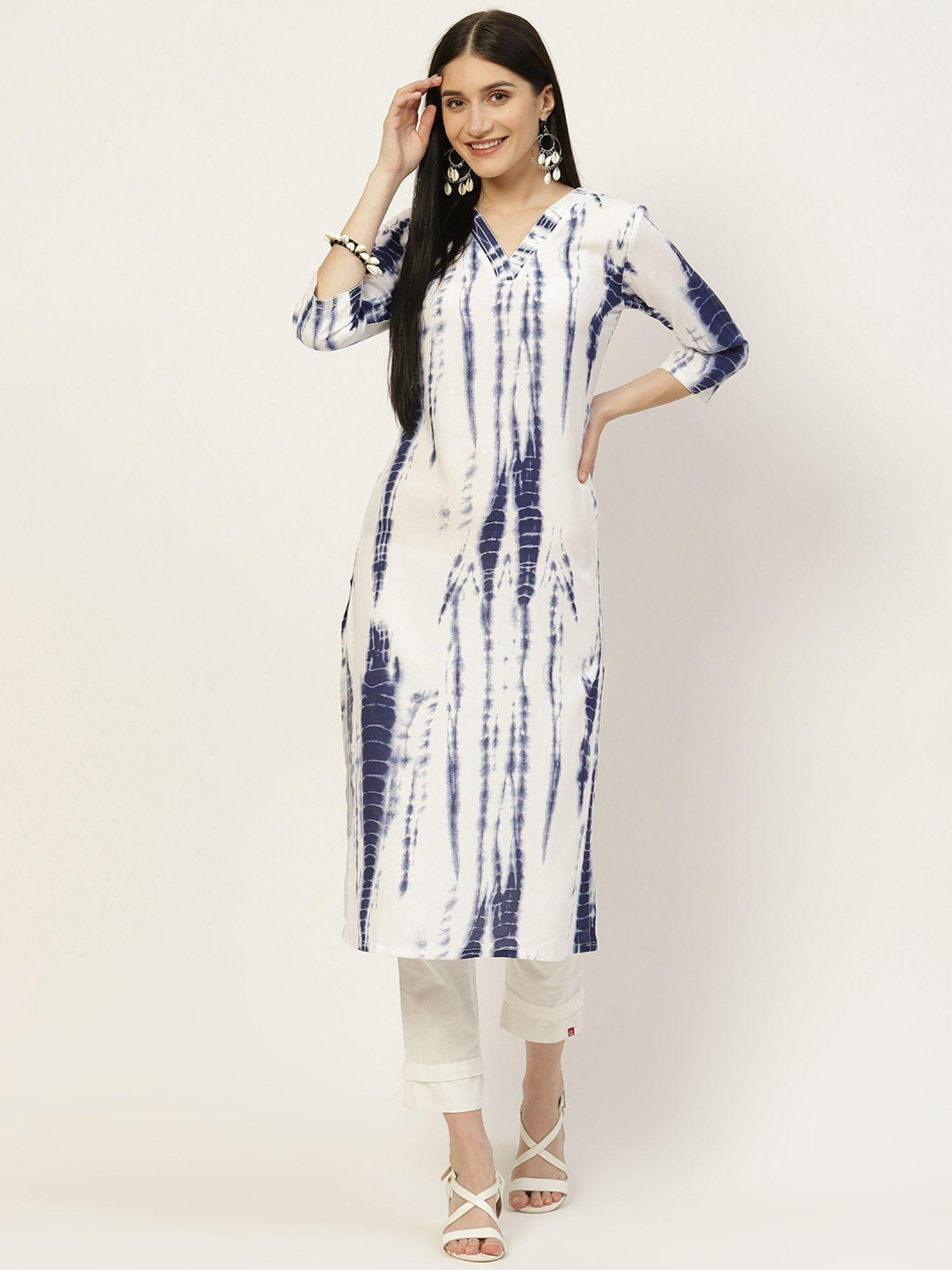 white & blue tie-dye kantha work kurta