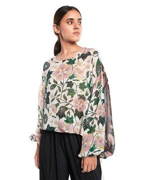 white & brown printed art georgette top with drawstring details