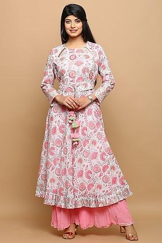 white & carnation pink cotton anarkali set