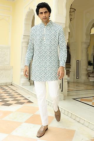 white & cyan printed kurta