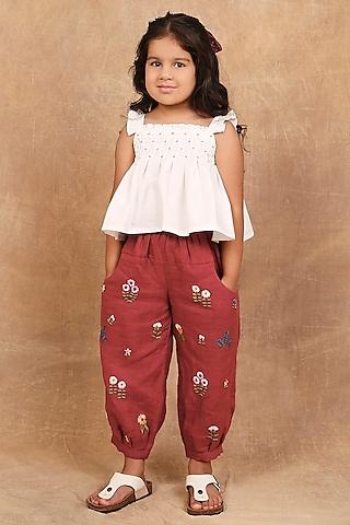 white & earthy red organic cotton machine embroidered co-ord set for girls