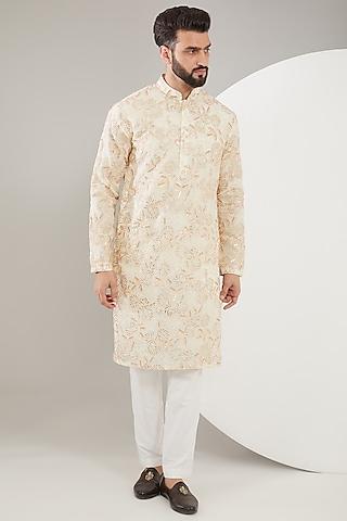 white & gold georgette floral embroidered kurta set