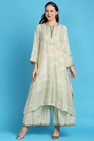 white & green bandhani printed kurta set