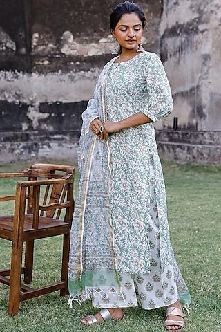 white & green cotton block printed kurta set