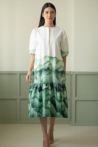 white & green cotton floral digital printed flared dress