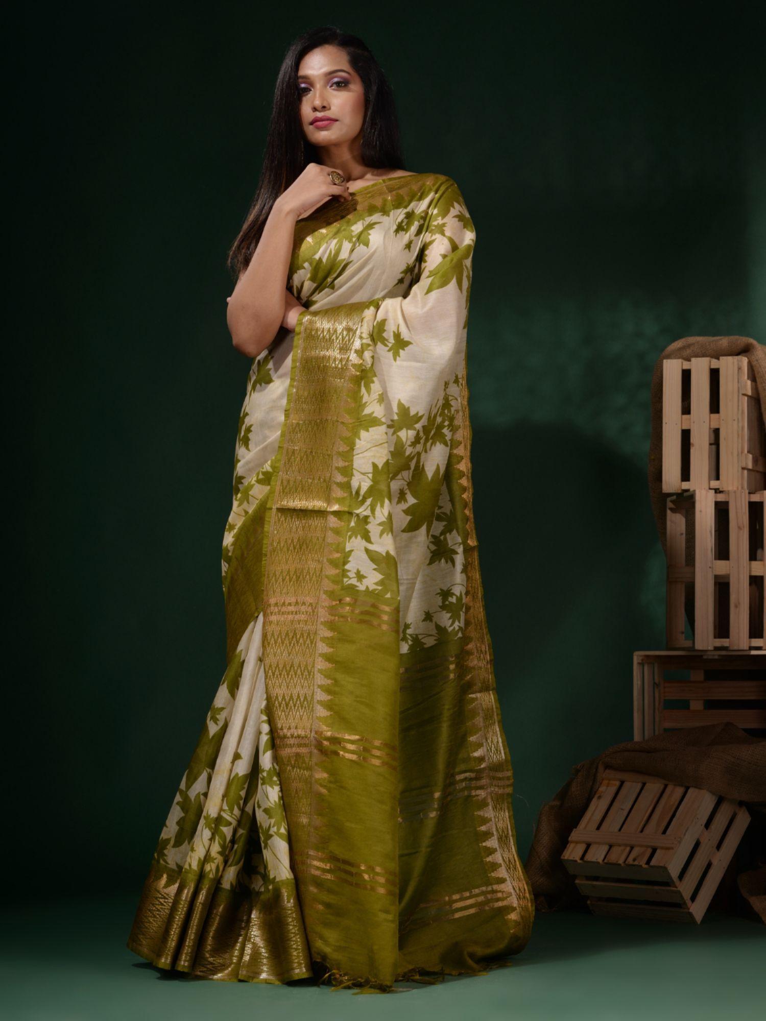 white & green foliage print saree with unstitched blouse