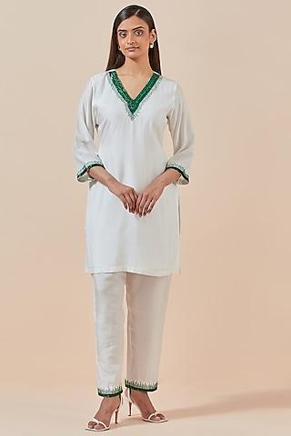 white & green muslin cotton hand embroidered kurta set