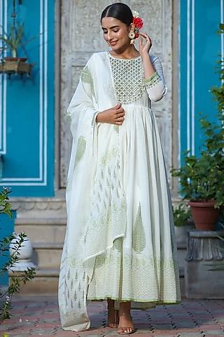 white & green printed anarkali set