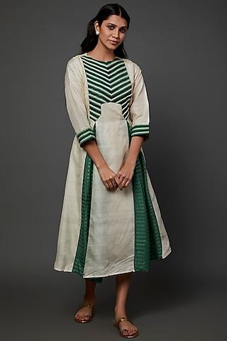 white & green silk hand embroidered godet dress
