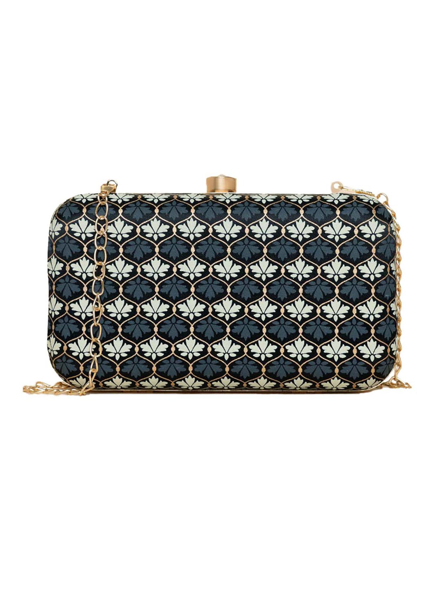 white & grey color printed fancy clutch for women