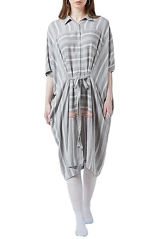 white & grey embroidered striped dress