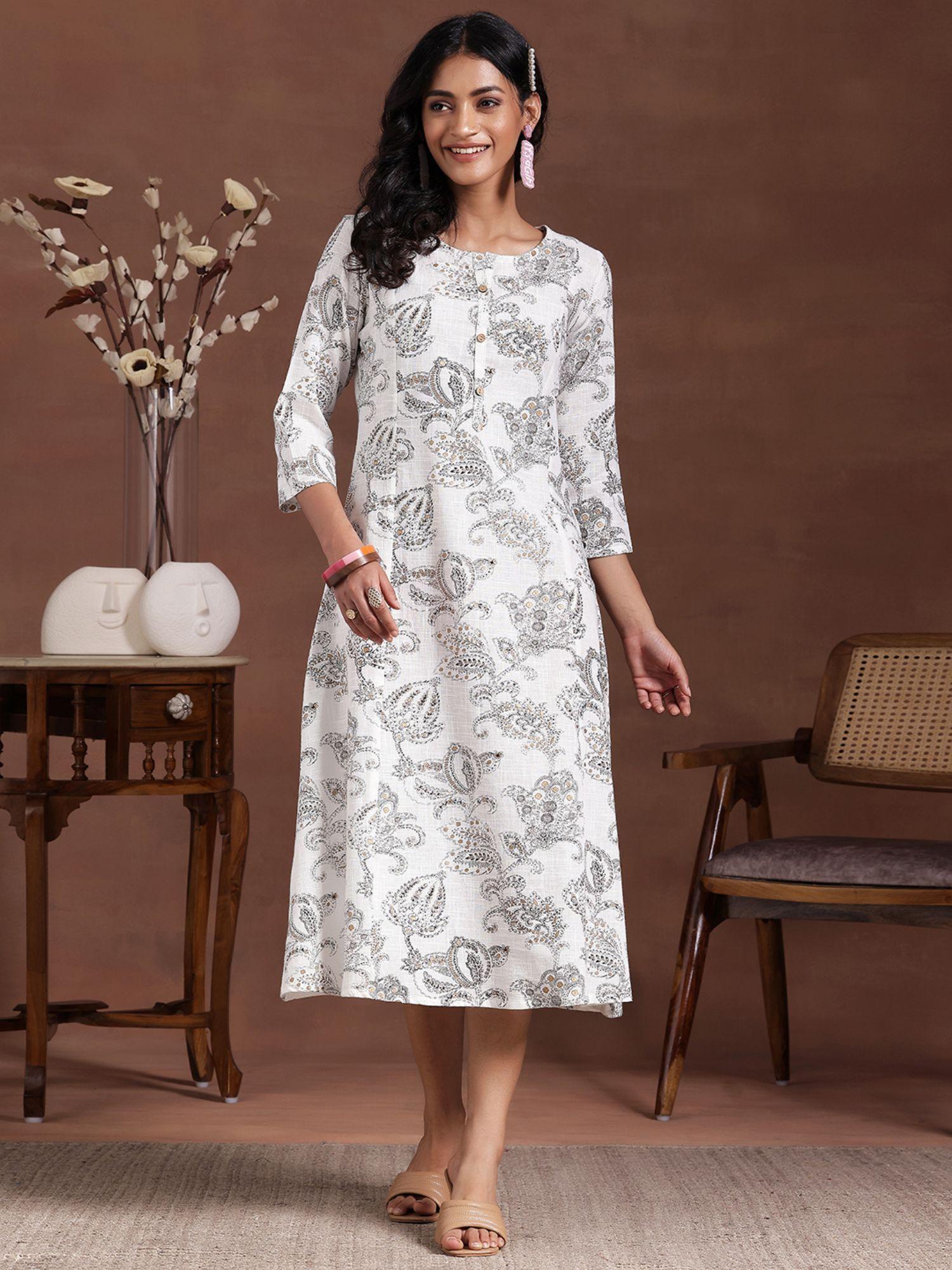 white & grey floral printed panelled a-line dress