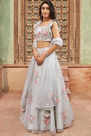 white & grey lehenga set with floral work