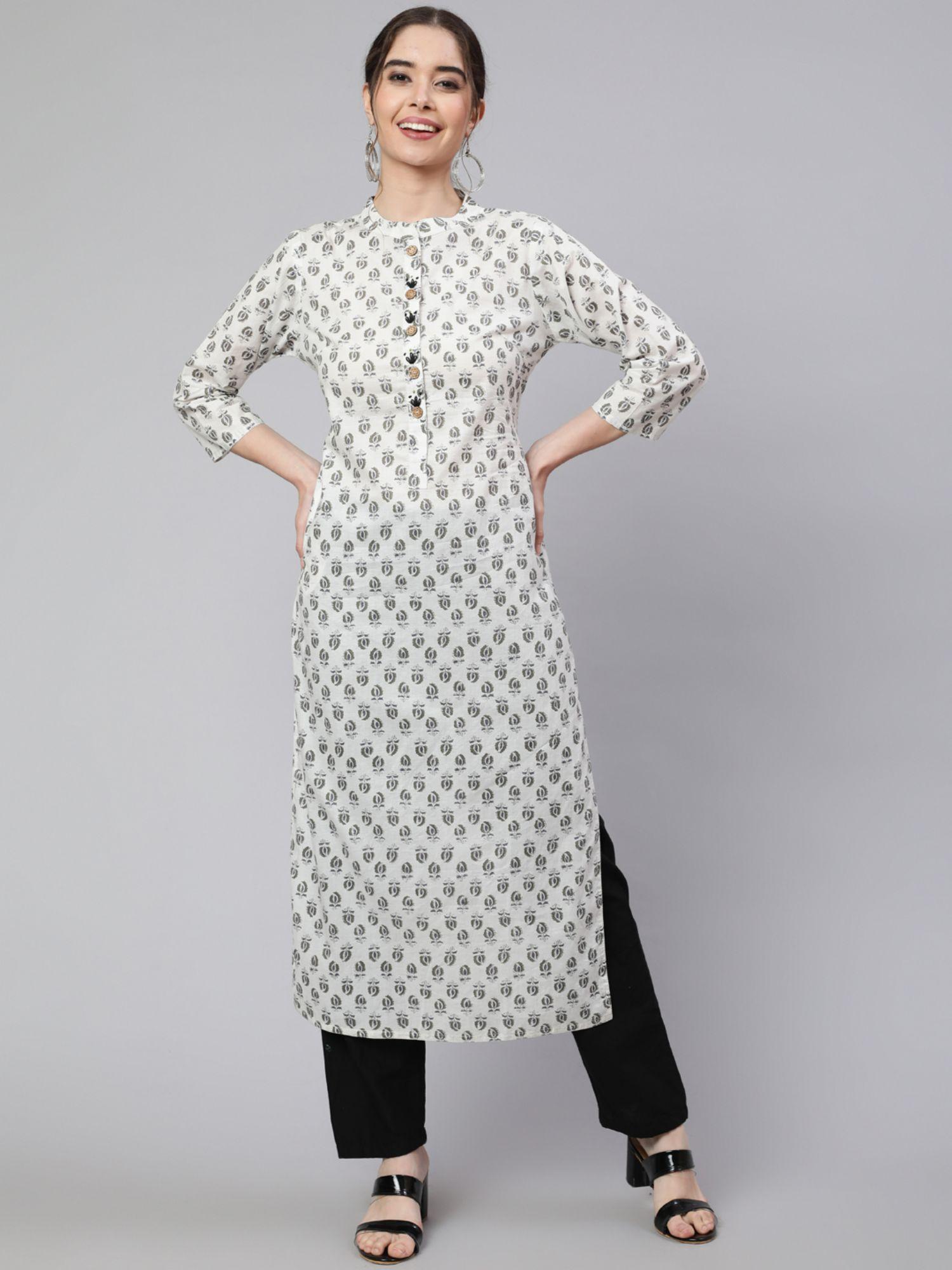 white & grey straight fit cotton embroidered kurta