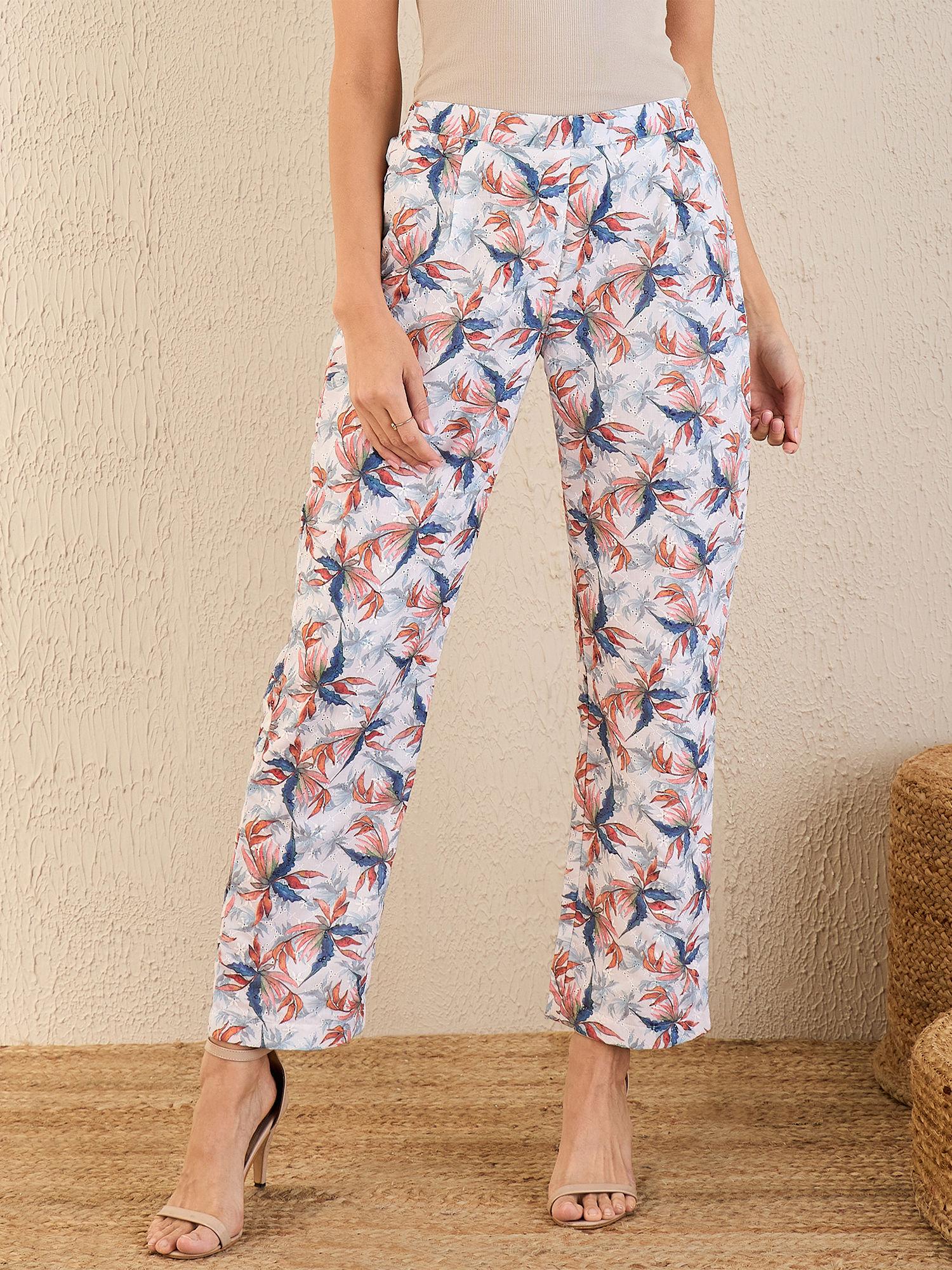 white & indigo blue botanical print schiffli straight pant