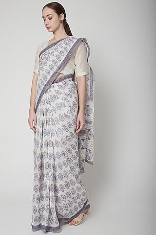 white & lavender silk linen hand block printed saree