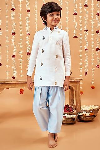 white & light blue embroidered kurta set for boys