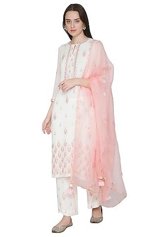 white & light peach embroidered kurta set