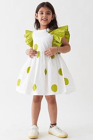 white & lime cotton poplin polka frilled gathered dress for girls