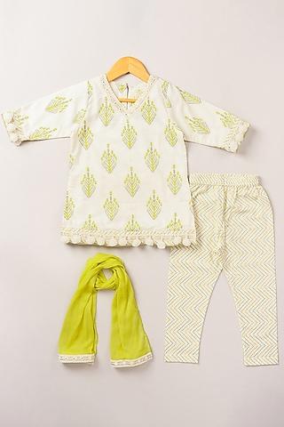 white & lime green printed kurta set for girls