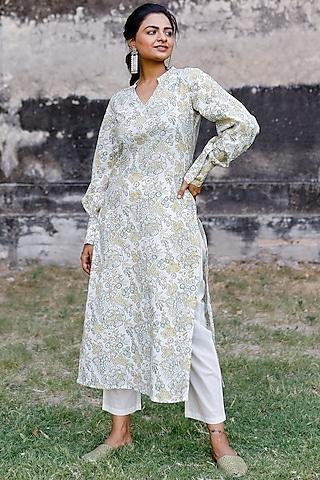 white & mustard cotton printed kurta set