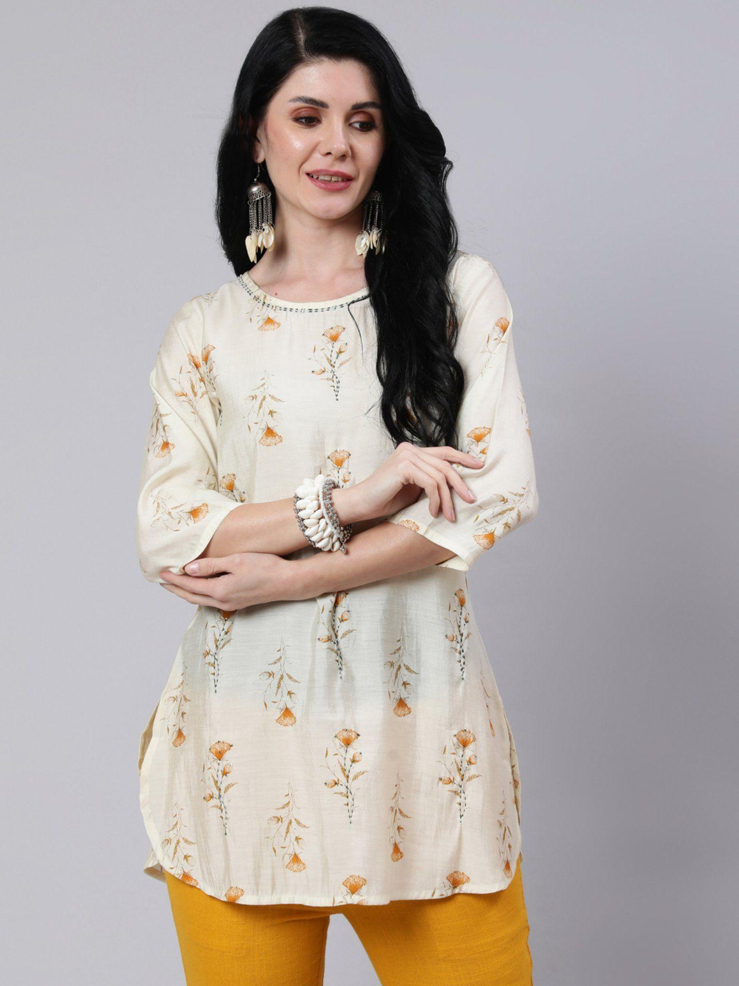 white & mustard foil printed chanderi embroidered kurti