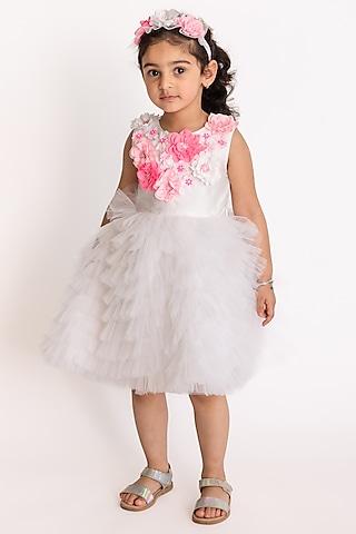 white & neon pink tulle embroidered dress for girls