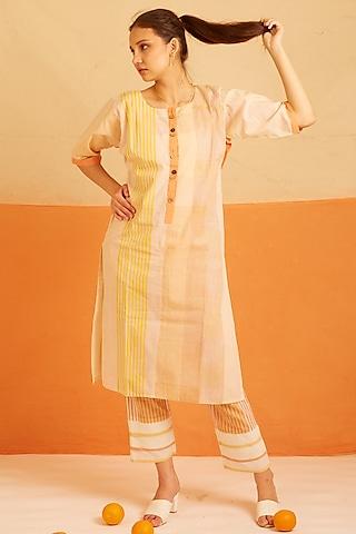 white & orange cotton printed kurta set