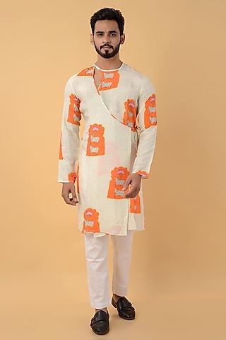 white & orange dola silk printed kurta