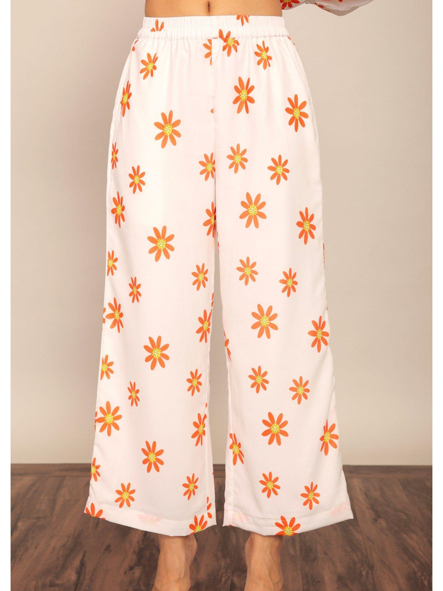 white & orange floral print relaxed palazzo