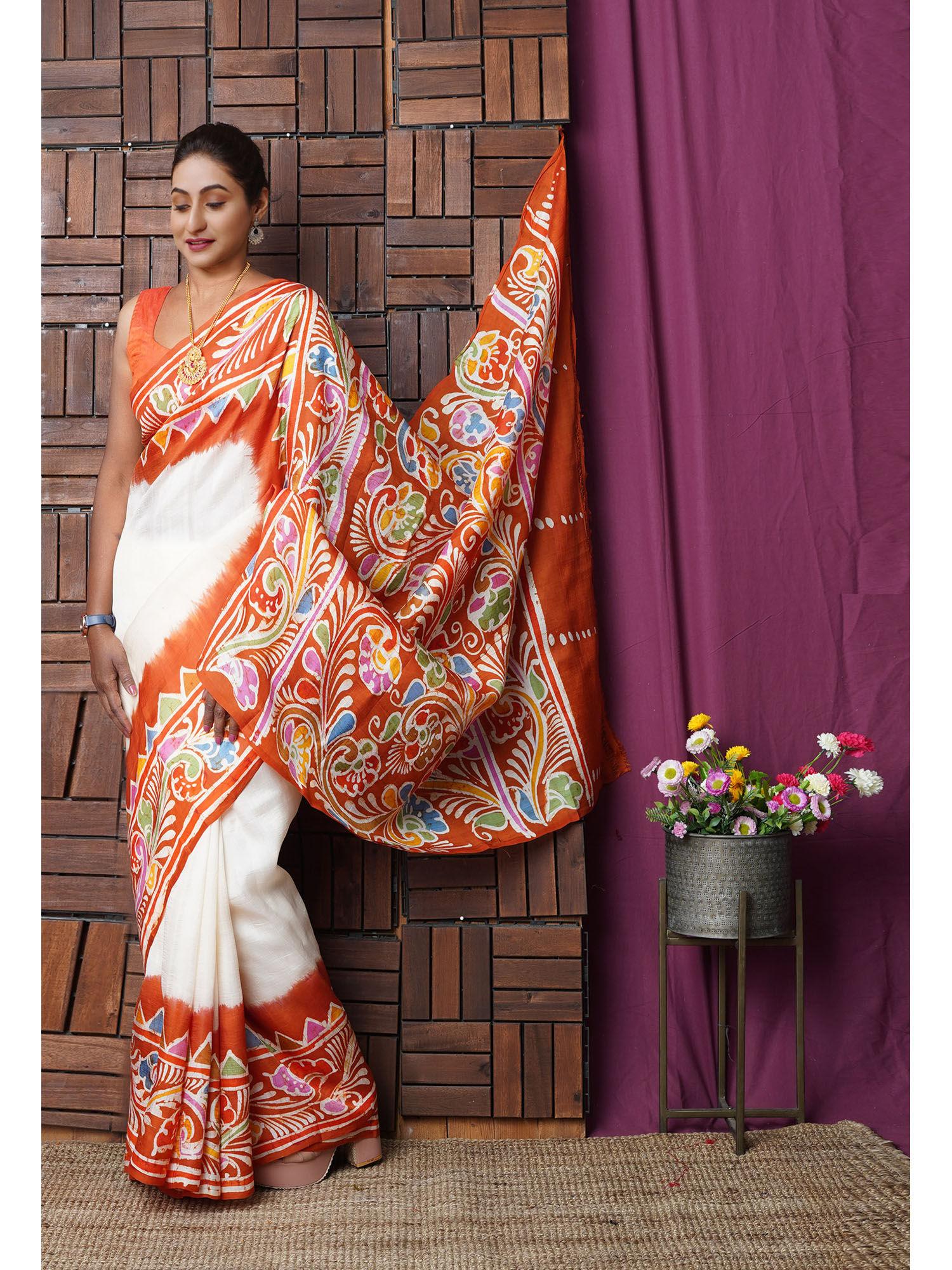 white & orange pure handloom printed murshidabad silk saree with unstitched blouse