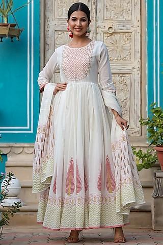 white & peach embroidered anarkali set