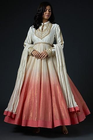 white & peach hand embroidered anarkali set