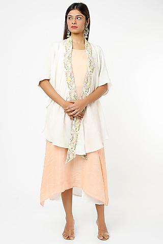 white & peach hand embroidered jacket dress