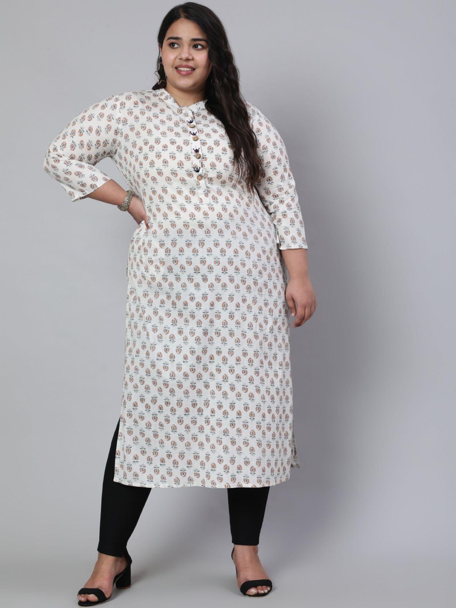 white & peach plus size straight fit cotton embroidered kurta