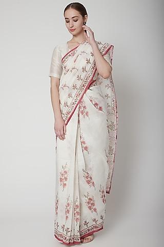 white & peach silk linen floral hand block printed saree