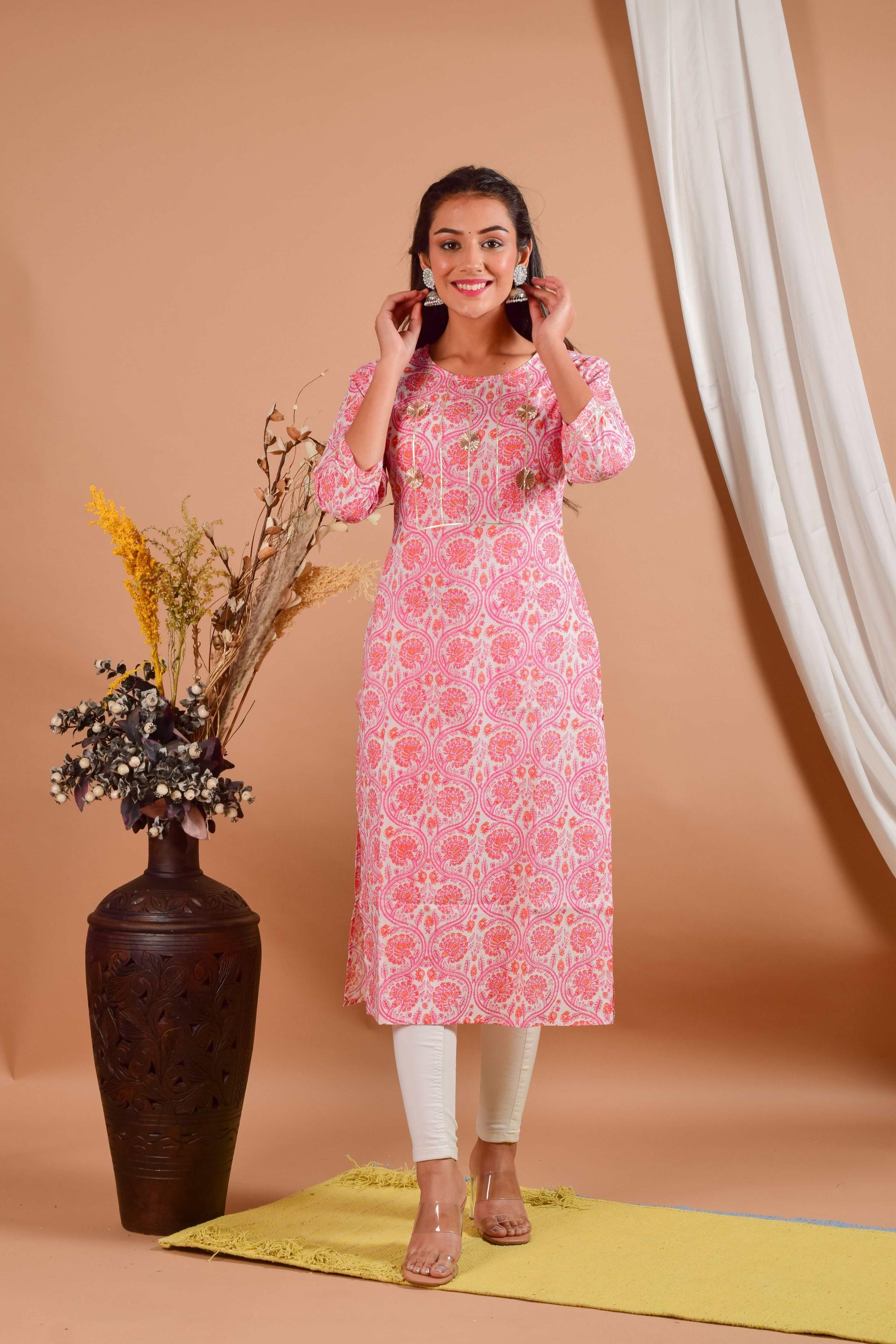 white & pink block printed pure cotton kurta