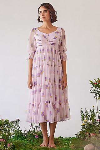 white & pink chiffon tiered midi dress