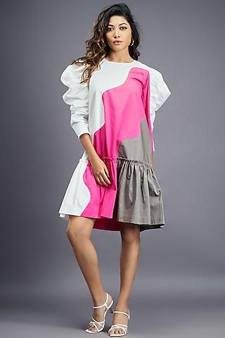 white & pink cotton mini frilled dress