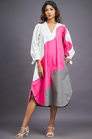 white & pink cotton oversized midi dress