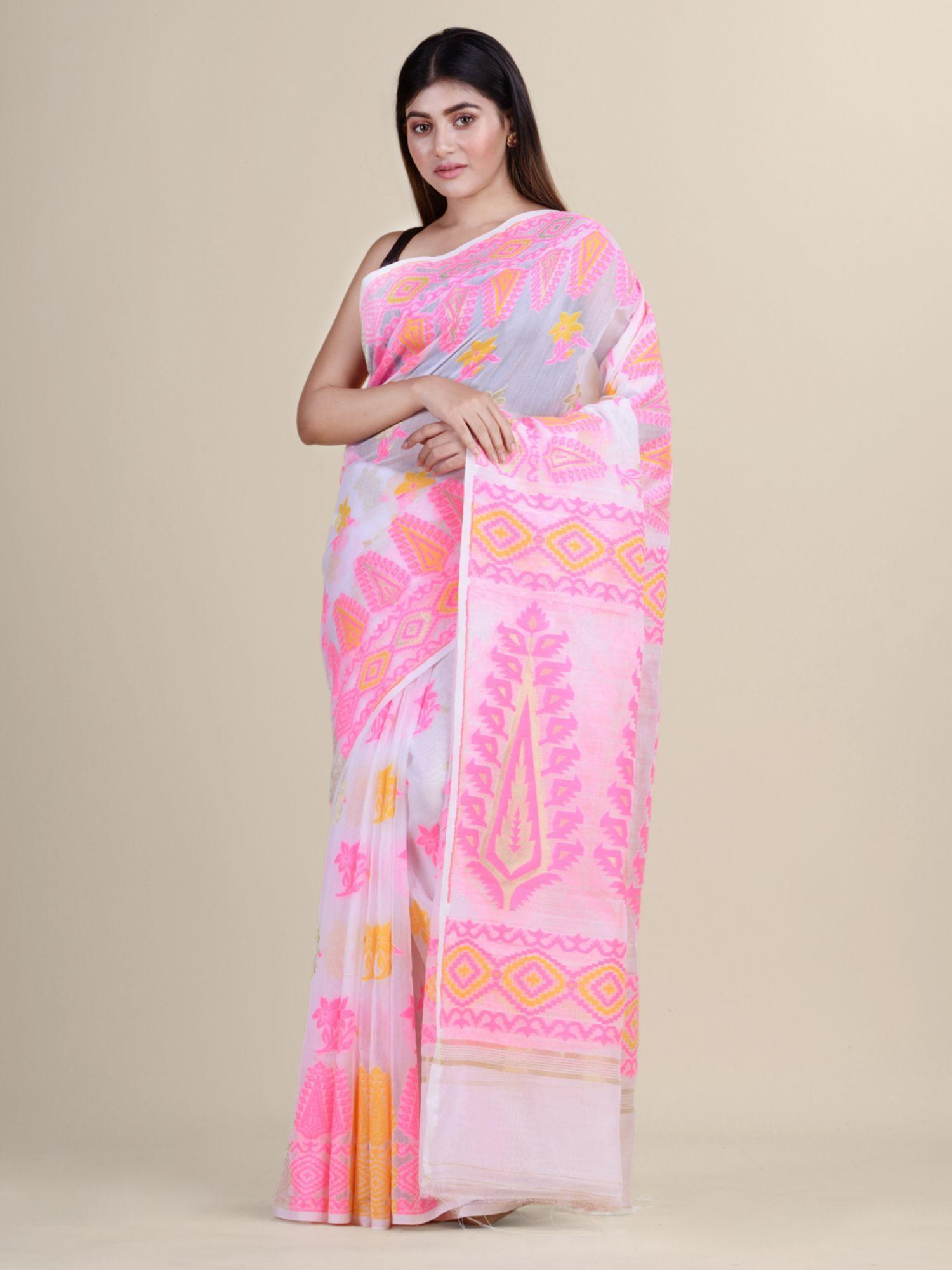 white & pink cotton silk hand woven traditional saree without blouse piece