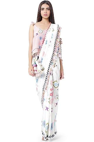 white & pink embroidered saree set