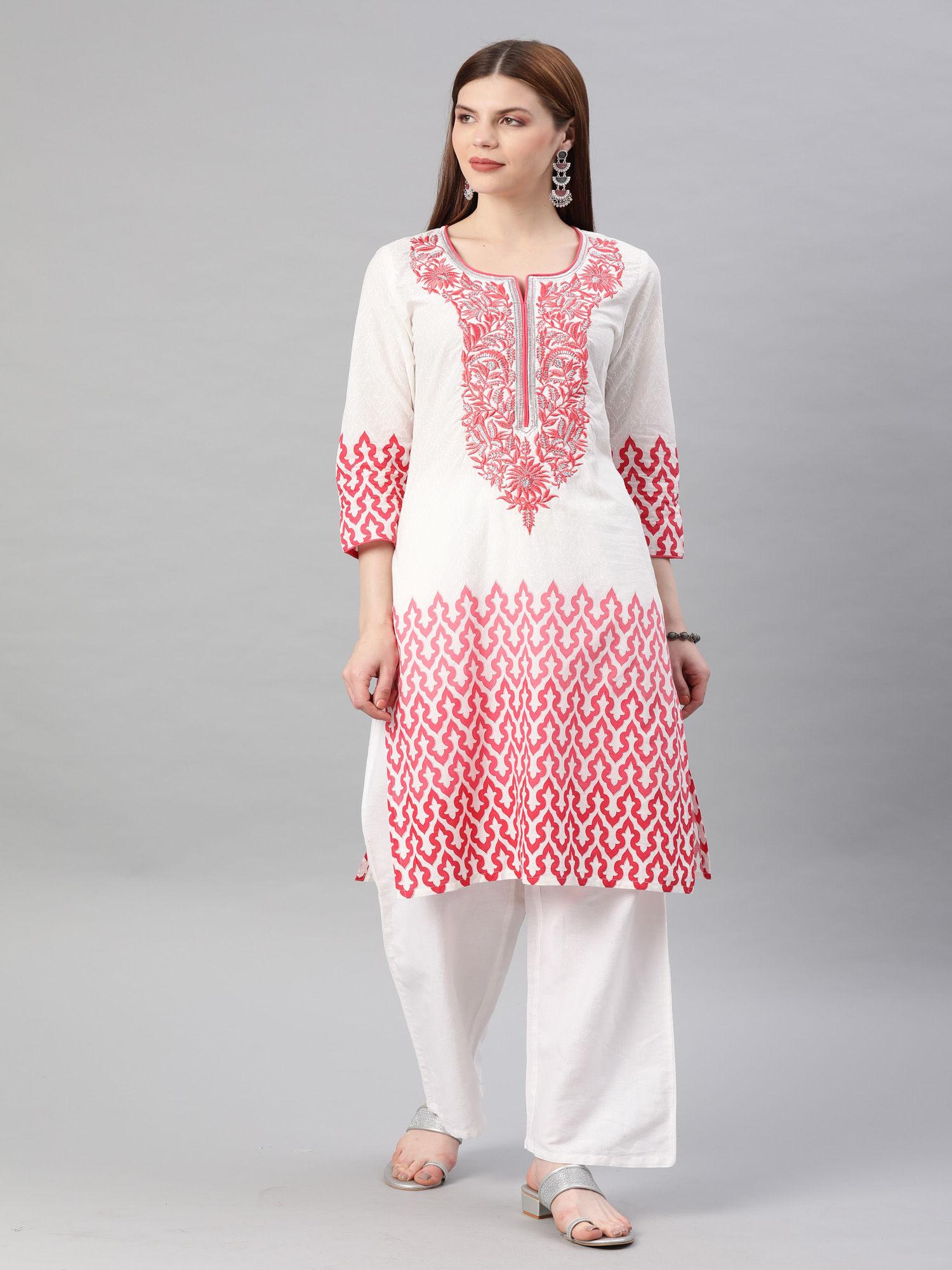 white & pink embroidered straight cotton kurta