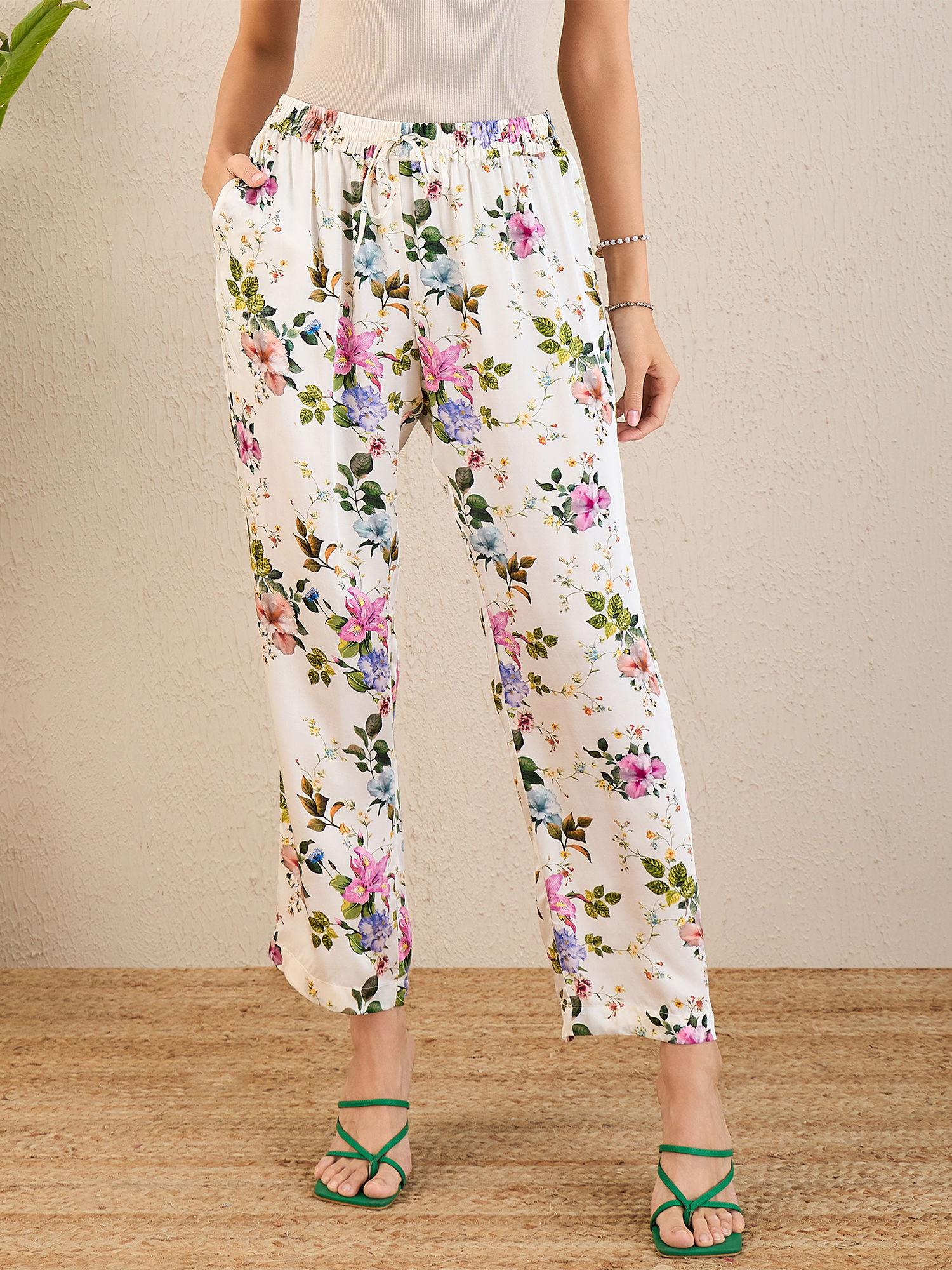 white & pink garden print straight pant